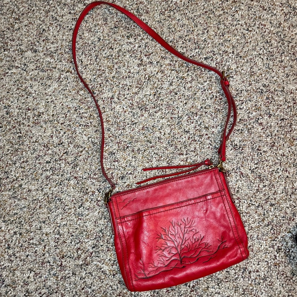 Vintage Fossil Red Crossbody Tree of Life Leather Purse